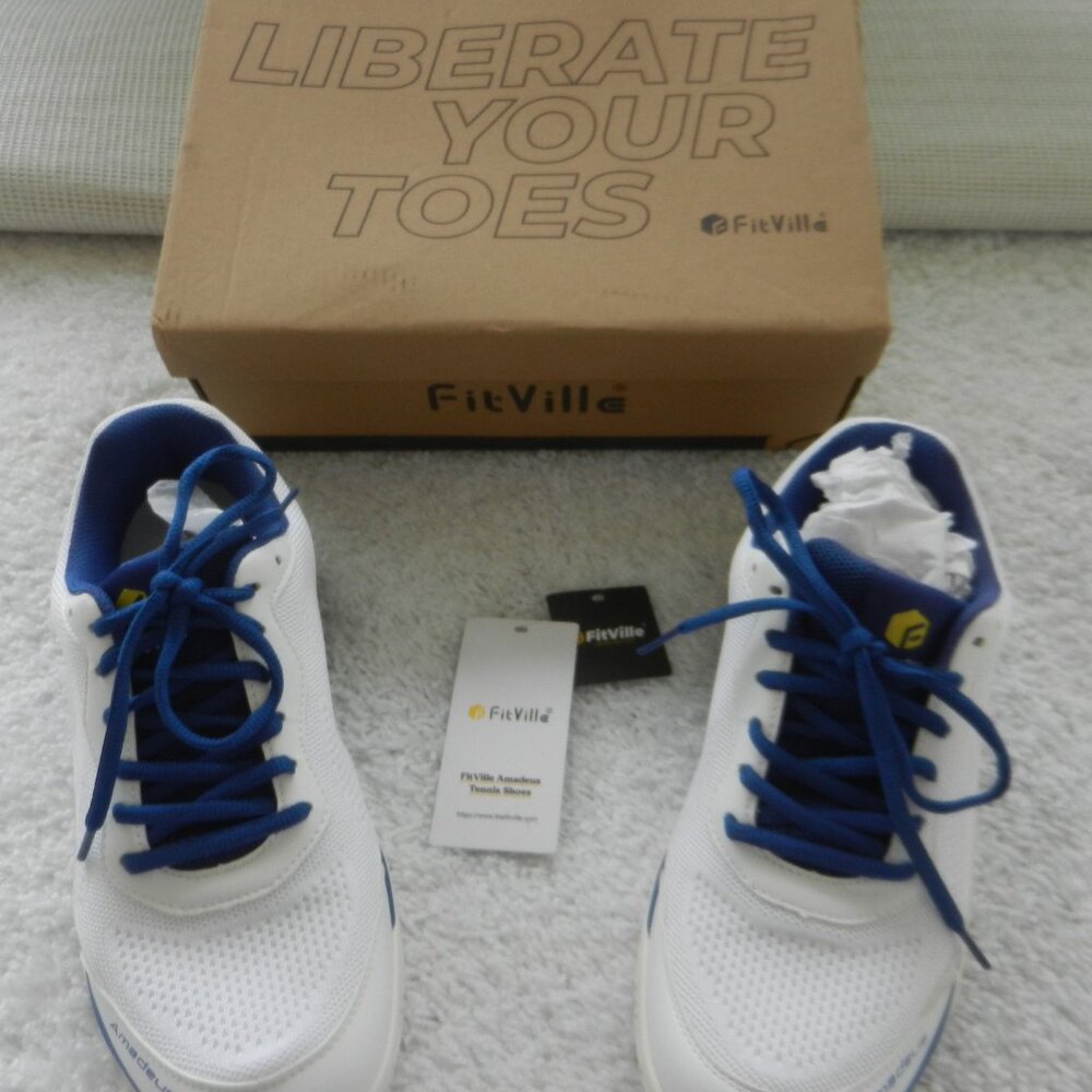 FitVille Amadeus: Men's Tennis Shoes, size 9 wide,  white w/blue trim